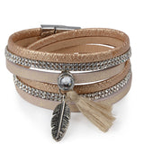 Rhinestone Feather Wide Multilayer Leather Bracelet Magnetic Tassel Bracelet Women Wrap Charm Boho Bohemian Bracelets Bangle Men