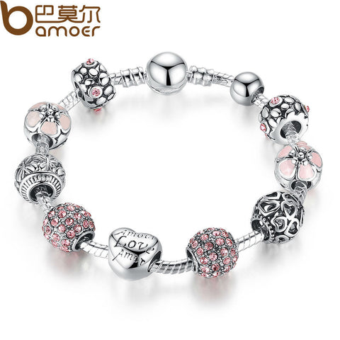 BAMOER Antique 925 Silver Charm Bangle & Bracelet with Love and Flower Crystal Ball Women Wedding Valentine's Day Gift PA1455