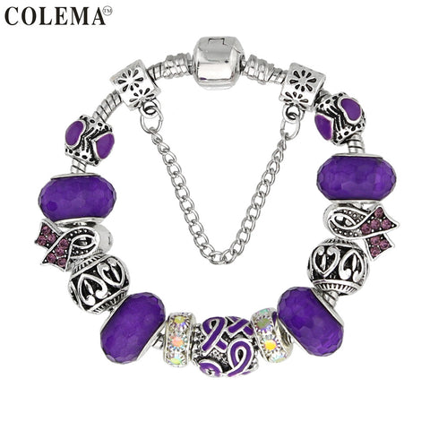 Luxury Brand Women Bracelet Silver Plated Ribbon Charm Bracelet for Women DIY Purple Beads Bracelets & Bangles Jewelry Gift