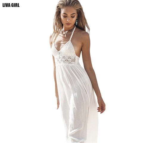 2016 New Fashion White Sling V-Neck Backless Sexy Chiffon Dress Sleeveless Hollow Out Summer Women Beach Dress
