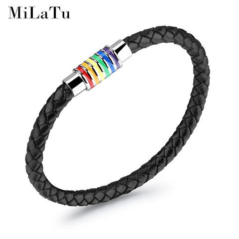 MiLaTu Men Rainbow Jewelry Charm Leather Bracelet With Stainless Steel Accessories Gay Pride Bracelet Male Jewlery B217